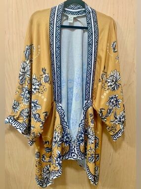 Flying Tomato Mustard Floral Kimono Cardigan Boho Open Front S/M